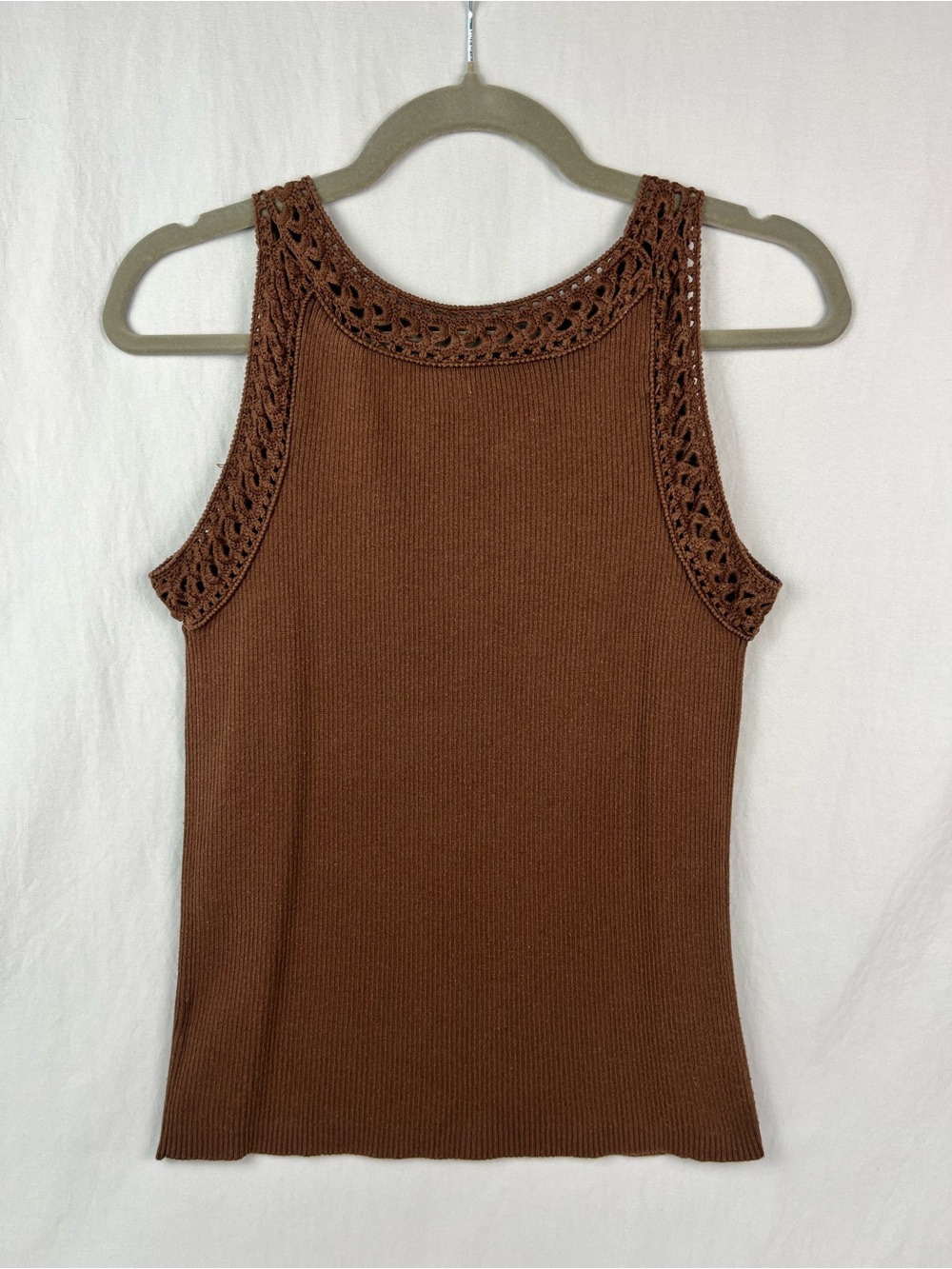 Vintage Y2K Grace Elements Brown Ribbed Tank Crochet Trim Bohemian Cottagecore - Picture 2 of 8